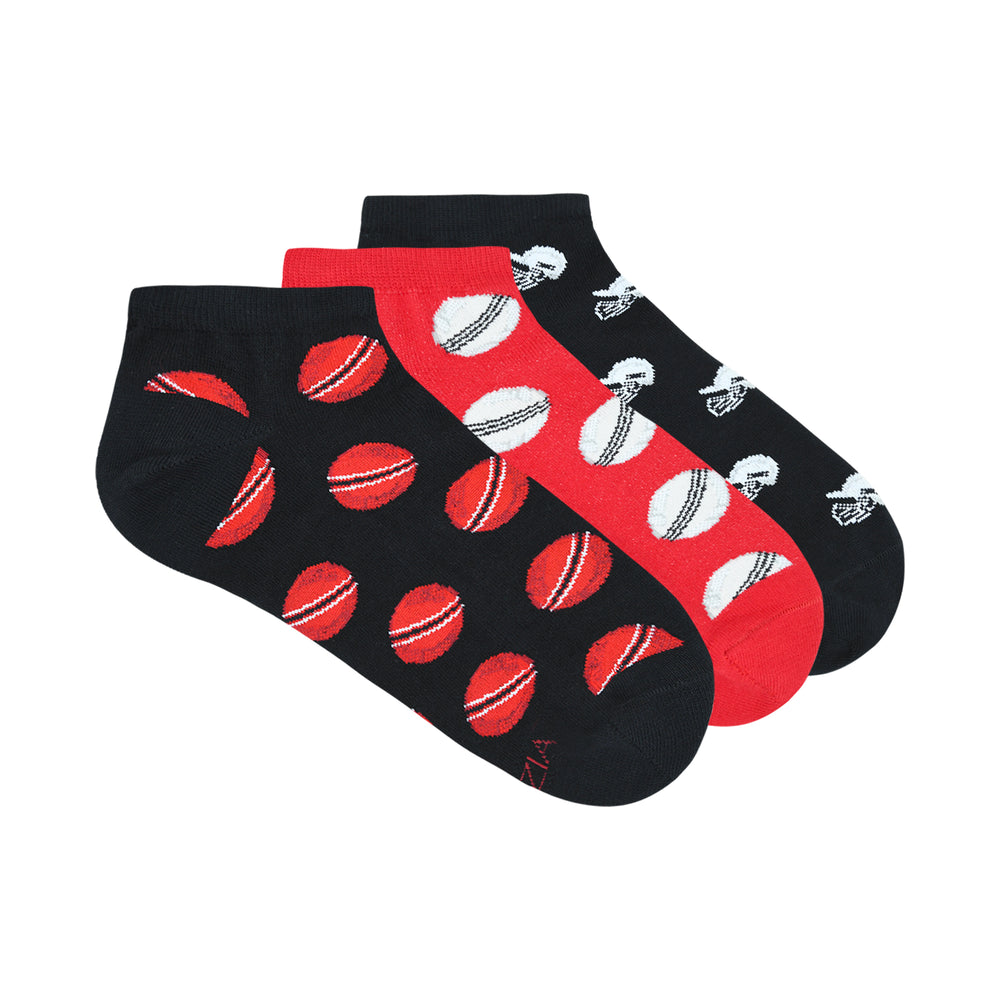 BALENZIA Men's Cricket Lowcut Socks- Black, Red (Pack of 3)