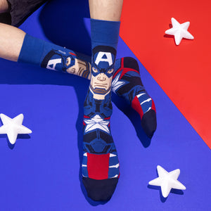 Balenzia x Marvel Character Crew & Lowcut/Ankle Length Sock for Men- "THE UNSTOPPABLE CAPTAIN AMERICA" Gift Pack (Pack of 2 Pairs/1U)(Free Size) Blue