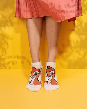 Balenzia X Disney Character Cushioned Ankle socks for women-Bambi &Thumper (Pack of 2 Pair/1U)-Beige,Cream