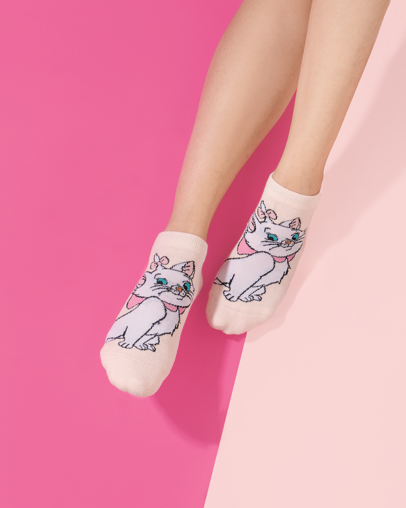 Balenzia X Disney Character Cushioned Ankle socks for women-101 Dalmations & The Aristocats Marie (Pack of 2 Pair/1U)-White,Pink