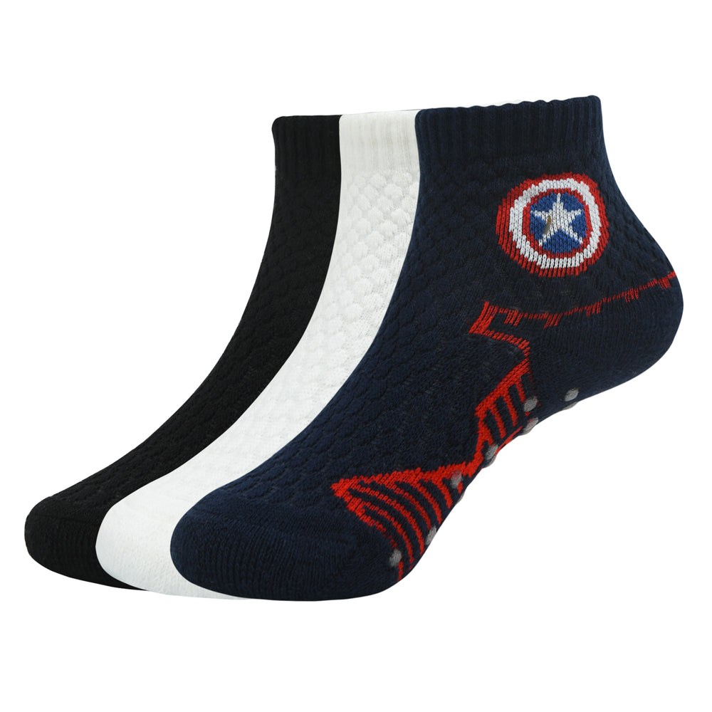 Balenzia x Marvel Anti-Skid Half Cushioned High Ankle socks for Kids- Captain America, Iron Man, Hulk (Pack of 3 Pairs/1U) (Green, Navy, White) - Balenzia