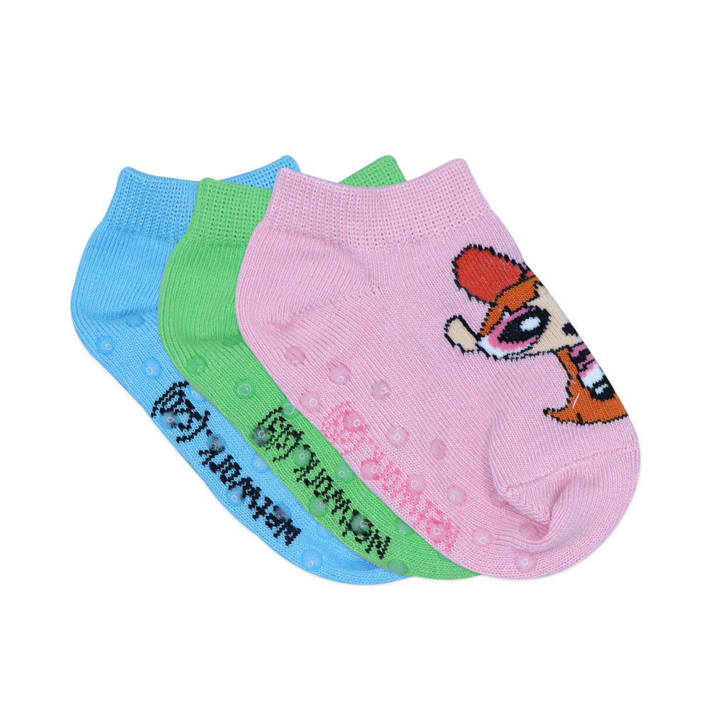 Powerpuff Girls Low Cut Socks for Kids with Anti-Skid Silicone Technology Made with 100% Combed Cotton & Spandex(Pack of 3 Pairs/1U)(1-2 Years)(2-3 Years)- Pink, Blue, Green - Balenzia