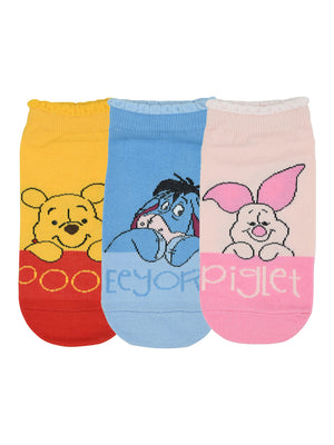 Balenzia x Disney Winnie the Pooh Lowcut socks for Women-Pooh,Piglet,Eeyore (Pack of 3 Pairs/1U)(Free Size) Yellow, Pink, Blue - Balenzia
