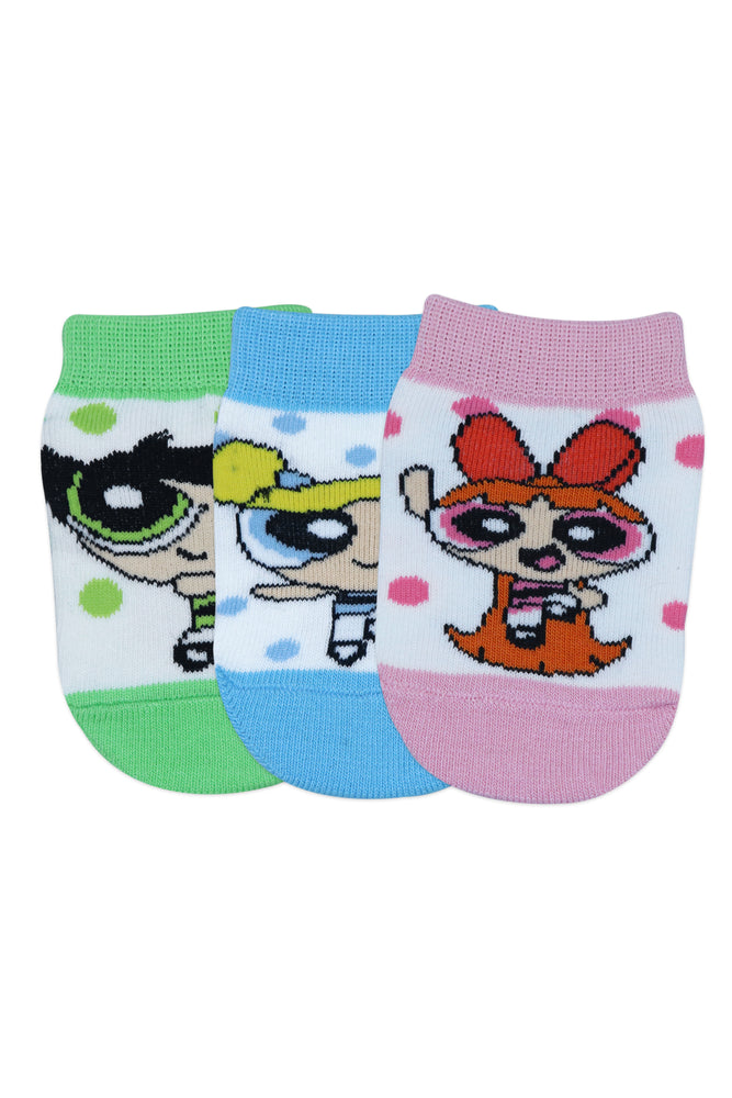 Powerpuff Girls Low Cut Socks by Balenzia for Kids with Anti-Skid Silicone Technology Made with 100% Combed Cotton & Spandex(Pack of 3 Pairs/1U)(1-2 Years)(2-3 Years)-Pink,Blue,Green - Balenzia
