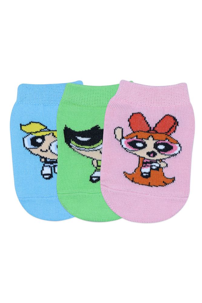 Powerpuff Girls Low Cut Socks for Kids with Anti-Skid Silicone Technology Made with 100% Combed Cotton & Spandex(Pack of 3 Pairs/1U)(1-2 Years)(2-3 Years)- Pink, Blue, Green - Balenzia
