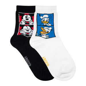 Balenzia x Disney Mickey & Donald High Ankle Socks for Women (Pack of 2 Pairs/1U)(Free Size) Black,White - Balenzia