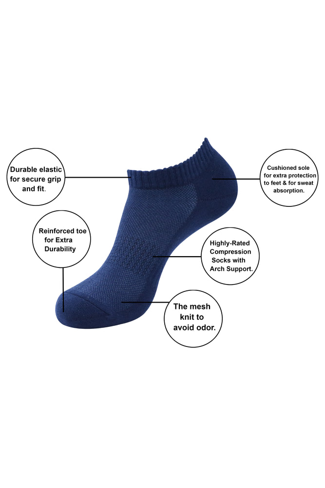 Balenzia Men's Cotton Cushioned Solid Ankle Socks with Mesh Knit, Free Size-(23 cm), Gym Socks (Pack of 3 Pairs/1U) (Navy) - Balenzia