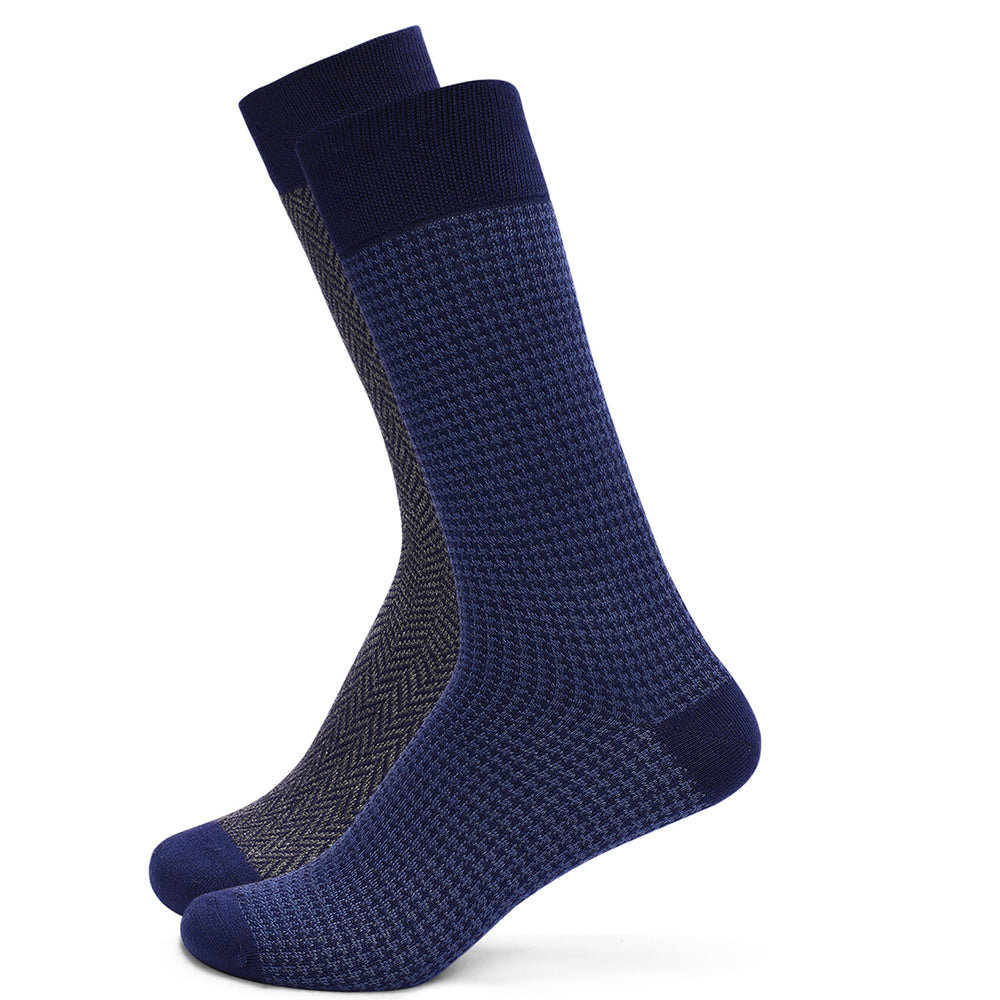 Men’s Luxury Houndstooth & Herringbone Crew Socks | Navy & Blue | Pack of 2