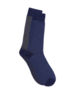 Men’s Luxury Houndstooth & Herringbone Crew Socks | Navy & Blue | Pack of 2