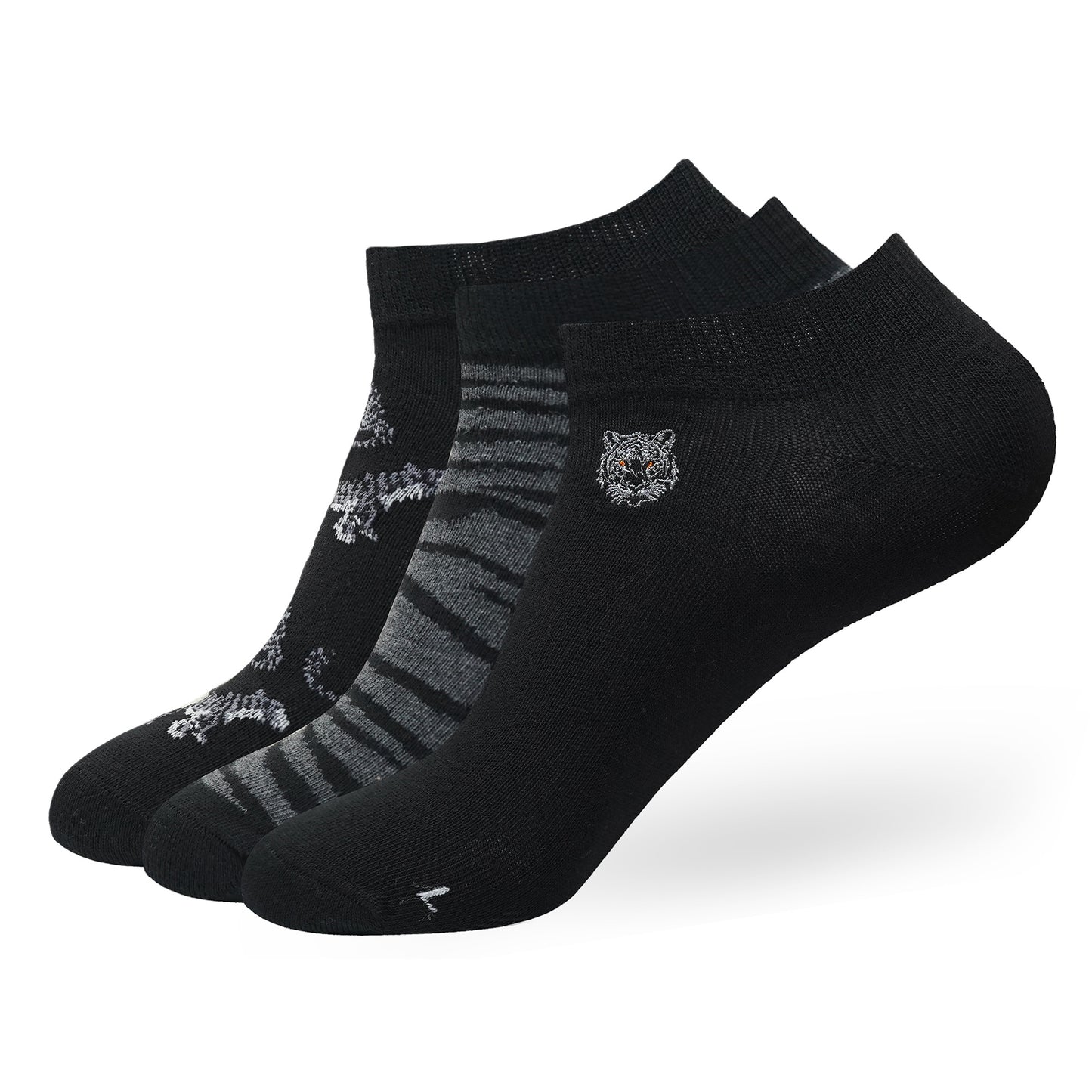 BALENZIA MEN'S WWF-INDIA BLACK LOWCUT SOCKS | 3-PACK | TIGER PRINT & EMBROIDERY | FREE SIZE