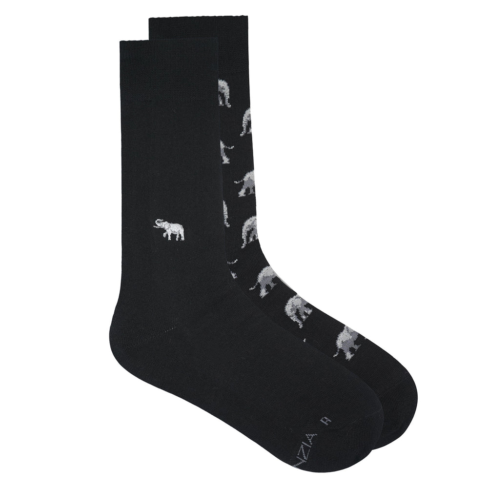 BALENZIA MEN'S WWF-INDIA BLACK FORMAL CREW SOCKS | 2-PACK | ELEPHANT PRINT & EMBROIDERY | FREE SIZE