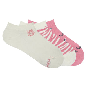 BALENZIA WOMEN'S WWF-INDIA WHITE & PINK LOWCUT SOCKS | 3-PACK | TIGER PRINT & EMBROIDERY
