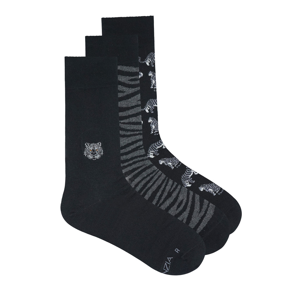 BALENZIA MEN'S WWF-INDIA BLACK FORMAL CREW SOCKS | 3-PACK | TIGER PRINT & EMBROIDERY | FREE SIZE