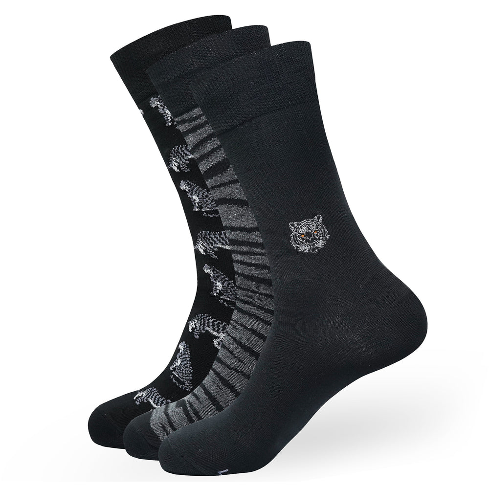 BALENZIA MEN'S WWF-INDIA BLACK FORMAL CREW SOCKS | 3-PACK | TIGER PRINT & EMBROIDERY | FREE SIZE