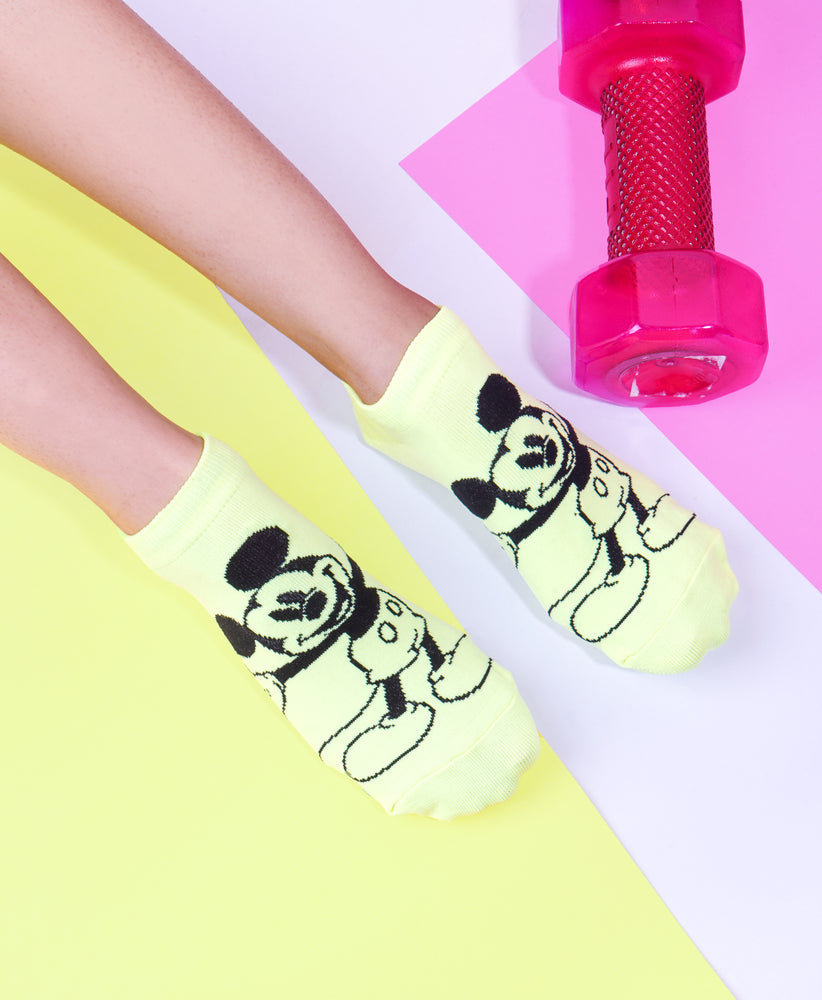Balenzia x Disney Mickey Mouse Fluorescent Colored Lowcut Socks for Women-  (Pack of 2 Pairs/1U)(Free Size)Pink,Green