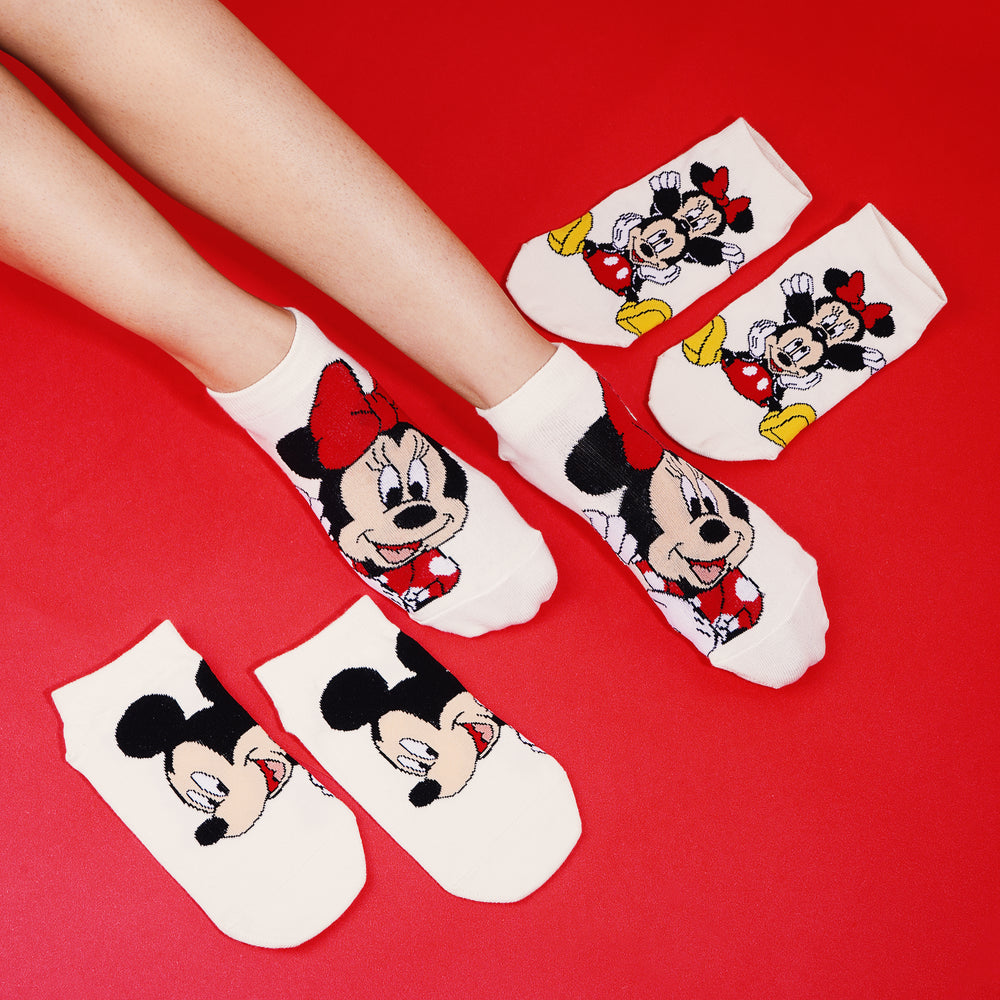 Balenzia x Disney Mickey & Minnie Themed Lowcut Socks for Women-  (Pack of 3 Pairs/1U)(Free Size)Cream