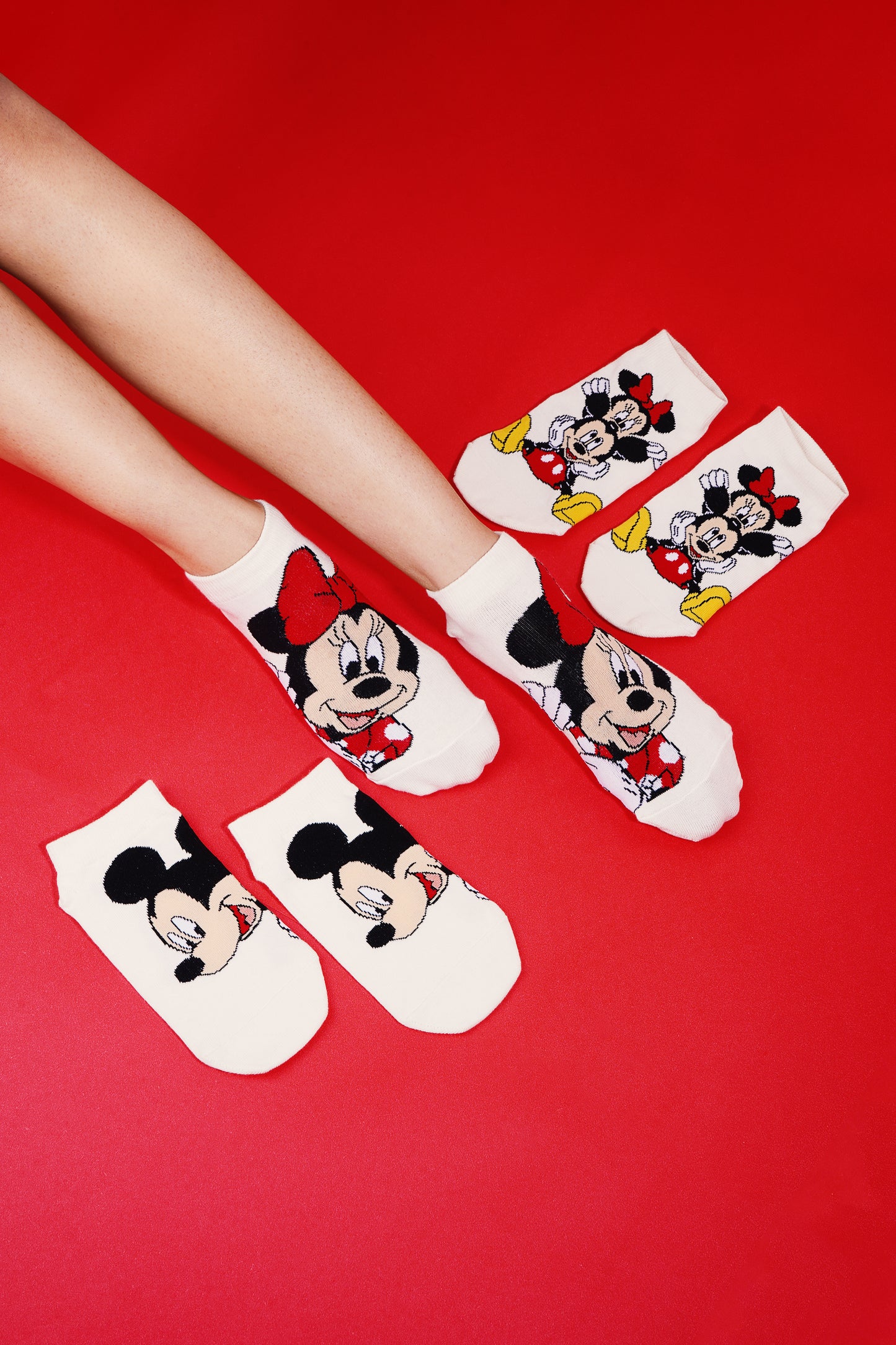 Balenzia x Disney Mickey & Minnie Themed Lowcut Socks for Women-  (Pack of 3 Pairs/1U)(Free Size)Cream