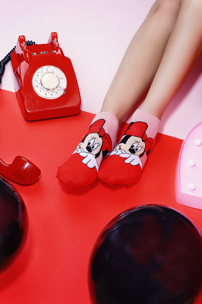 Balenzia x Disney Character Lowcut socks for Women- Mickey & Minnie (Pack of 2 Pairs/1U)(Free Size) Red, Pink