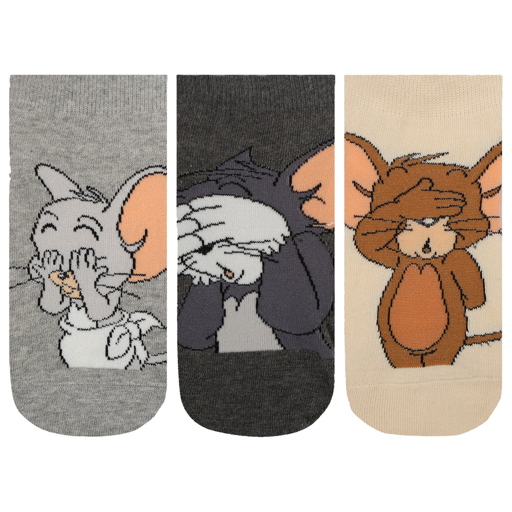 Women's Tom & Jerry Cartoon Themed Low-Cut Socks | Multicolor | Pack of 3 | Officially Licensed