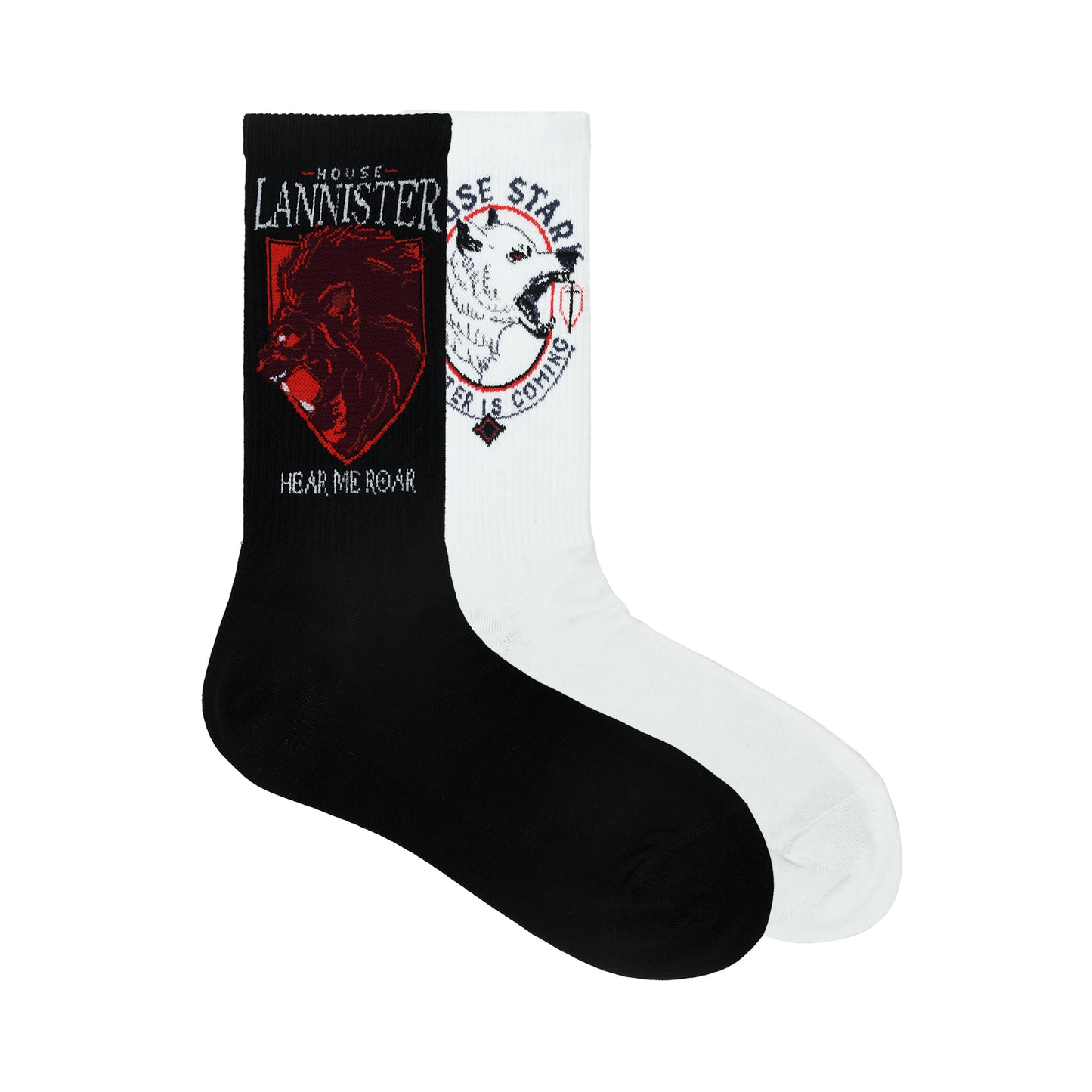 BALENZIA X GAME OF THRONES House Lannister Sigil & House of Stark Crew Length Rib Socks for Men (Free Size)(Pack of 2 Pairs/1U)White & Black - Balenzia