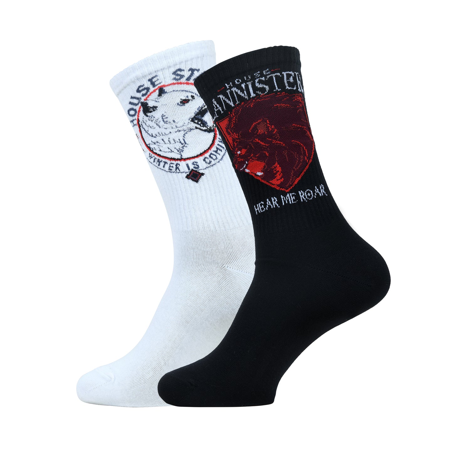 BALENZIA X GAME OF THRONES House Lannister Sigil & House of Stark Crew Length Rib Socks for Men (Free Size)(Pack of 2 Pairs/1U)White & Black - Balenzia