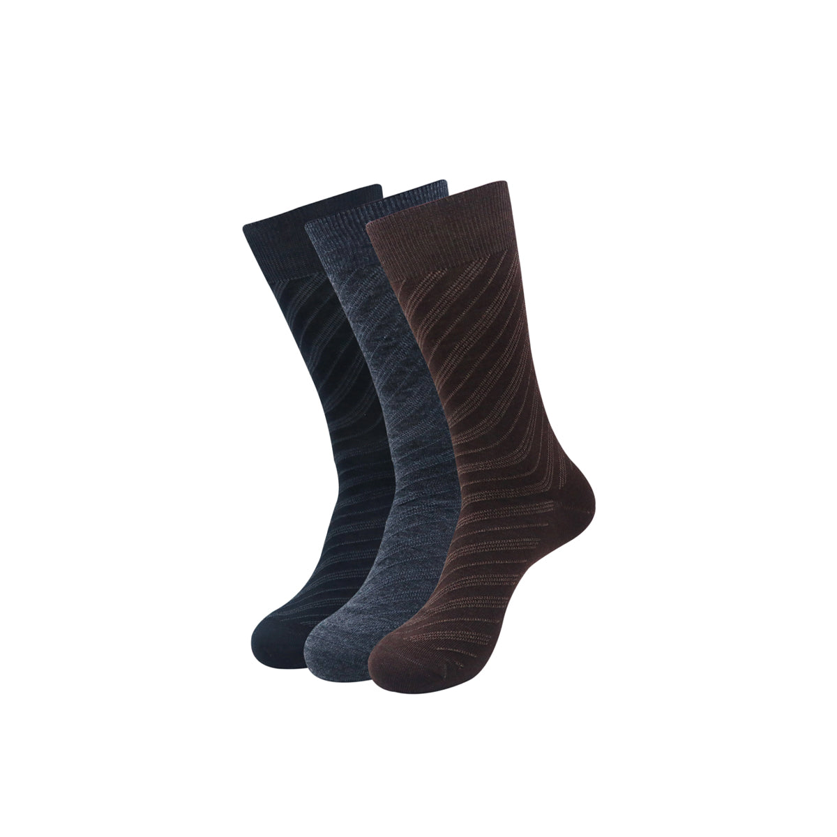 Balenzia Men's Woollen Diagonal Stripes design Crew Socks -Black,Brown,  D.Grey- (Pack of 3 Pairs/1U)