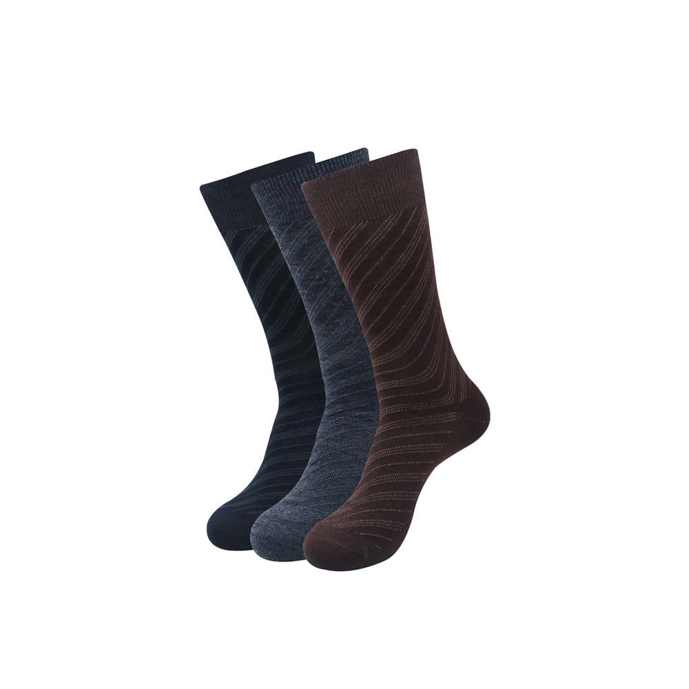 Balenzia Men's Woollen Diagonal Stripes design Crew Socks -Black,Brown, D.Grey- (Pack of 3 Pairs/1U) - Balenzia