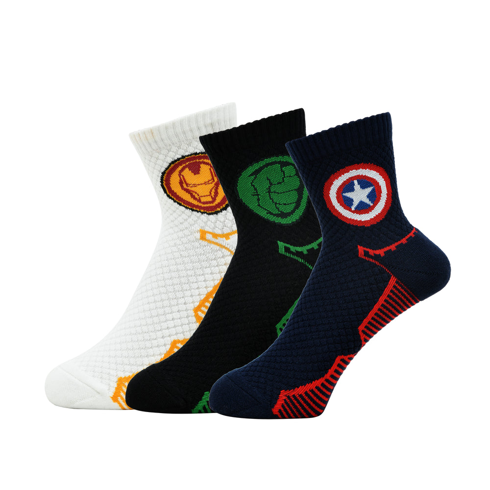 Balenzia X Marvel Iron Man,Captain America & Hulk Logo High Ankle Half  Cushioned Sports Socks for Men-(Pack of 3 Pairs/1U)(Free  Size)White,Green,Navy