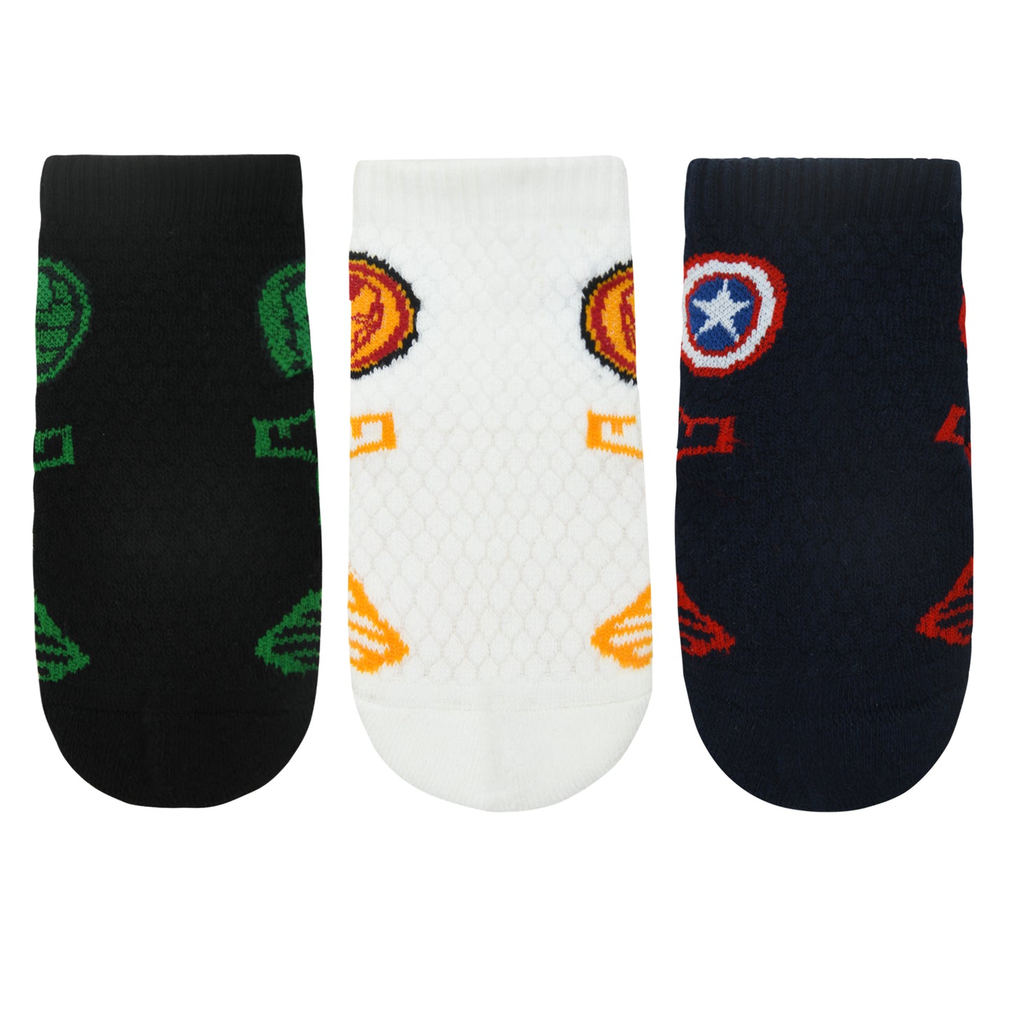 Balenzia x Marvel Anti-Skid Half Cushioned High Ankle socks for Kids- Captain America, Iron Man, Hulk (Pack of 3 Pairs/1U) (Green, Navy, White) - Balenzia