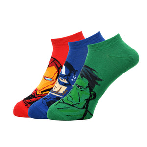 
            
                Load image into Gallery viewer, Balenzia X Marvel Character Iron Man,Captain America &amp;amp; Hulk Themed Ankle Length Socks for Men-(Pack of 3 Pairs/1U)(Free Size)Blue,Red,Green - Balenzia
            
        