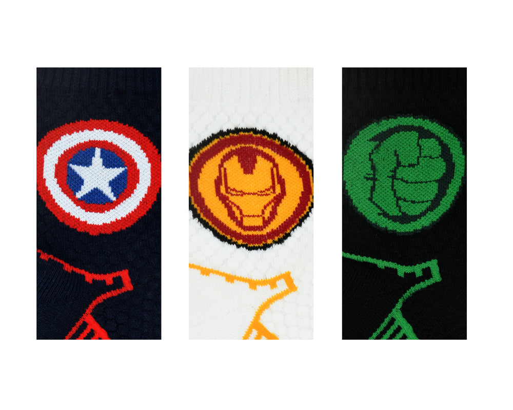 
            
                Load image into Gallery viewer, Balenzia X Marvel Iron Man,Captain America &amp;amp; Hulk Logo High Ankle Half Cushioned Sports Socks for Men-(Pack of 3 Pairs/1U)(Free Size)White,Green,Navy - Balenzia
            
        