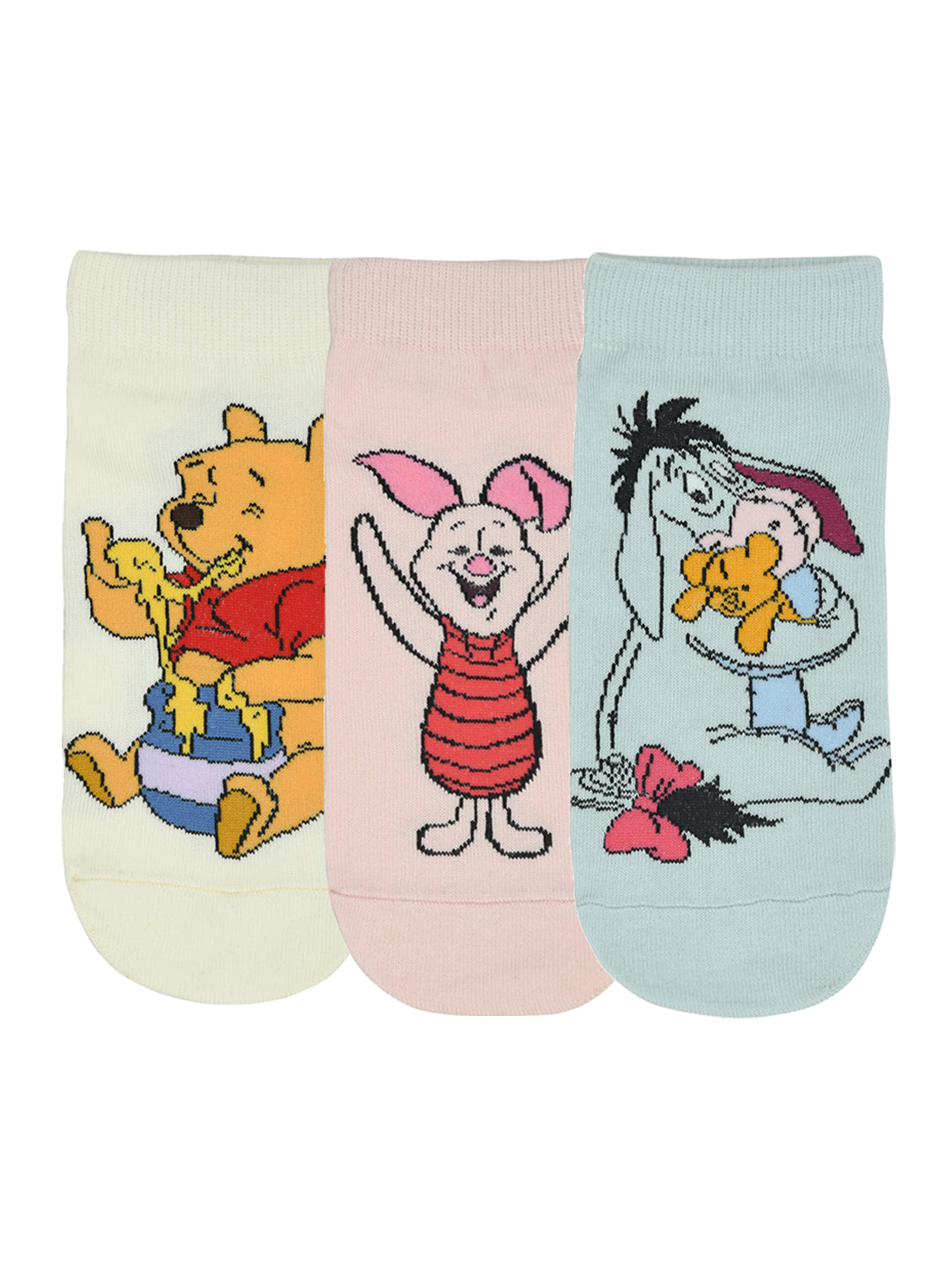 Balenzia x Disney Winnie the Pooh Lowcut socks for Women-Pooh,Piglet,Eeyore (Pack of 3 Pairs/1U)(Free Size) Cream, Pink, Blue - Balenzia