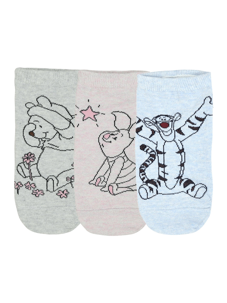 Balenzia x Disney Winnie the Pooh Lowcut socks for Women-Pooh, Piglet, Tiger (Pack of 3 Pairs/1U)(Free Size) Silver, Pink, Blue - Balenzia