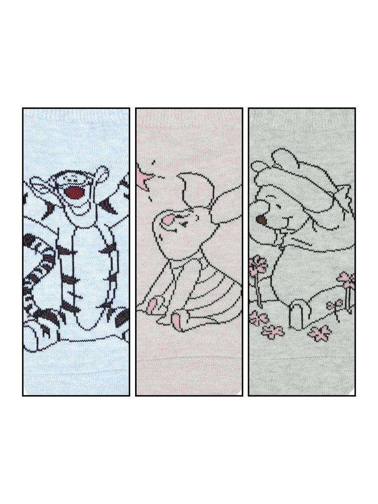 Balenzia x Disney Winnie the Pooh Lowcut socks for Women-Pooh, Piglet, Tiger (Pack of 3 Pairs/1U)(Free Size) Silver, Pink, Blue - Balenzia