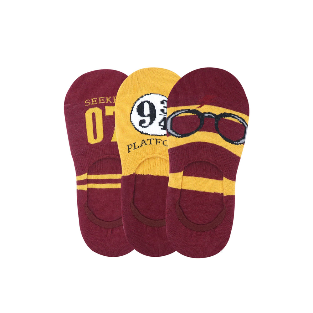 
            
                Load image into Gallery viewer, Balenzia x Harry Potter Potter 07, Lightning Bolt &amp;amp; Glasses, Platform 9 3/4 No Show Socks for Women(Pack of 3 Pairs/1U)- Yellow &amp;amp; Maroon - Balenzia
            
        