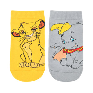 Balenzia X Disney Character Cushioned Ankle socks for women-Lion King Simba & Dumbo (Pack of 2 Pair/1U)-Yellow,Grey - Balenzia