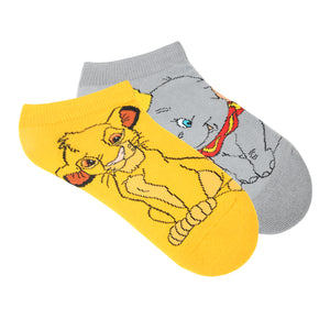 Balenzia X Disney Character Cushioned Ankle socks for women-Lion King Simba & Dumbo (Pack of 2 Pair/1U)-Yellow,Grey - Balenzia