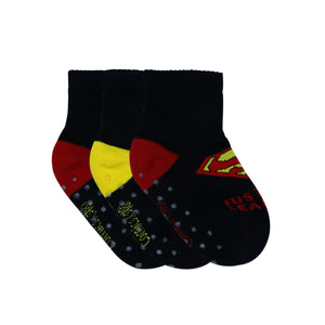 Justice League By Balenzia High Ankle Socks for Kids with Anti-Skid Silicone Technology Made with 100% Combed Cotton & Spandex(Pack Of 3 Pairs/1U)(1-2 Years)(2-3 Years)Superman, Batman, Flash - Balenzia