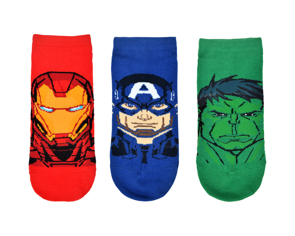 
            
                Load image into Gallery viewer, Balenzia X Marvel Character Iron Man,Captain America &amp;amp; Hulk Themed Ankle Length Socks for Men-(Pack of 3 Pairs/1U)(Free Size)Blue,Red,Green - Balenzia
            
        