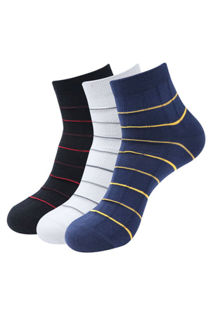 
            
                Load image into Gallery viewer, Balenzia Men&amp;#39;s Striped Cotton Ankle Socks-(Pack of 3 Pairs/1U)-(Black,White,Navy) - Balenzia
            
        