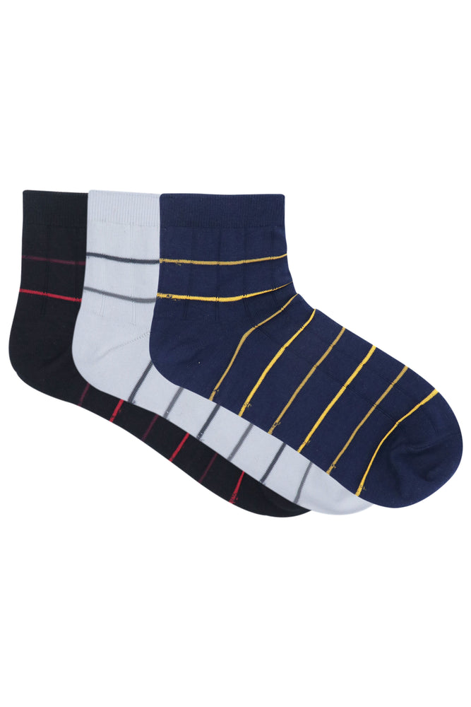 
            
                Load image into Gallery viewer, Balenzia Men&amp;#39;s Striped Cotton Ankle Socks-(Pack of 3 Pairs/1U)-(Black,White,Navy) - Balenzia
            
        