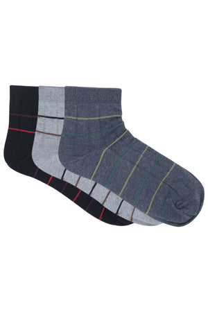 
            
                Load image into Gallery viewer, Balenzia Men&amp;#39;s Striped Cotton Ankle Socks-(Pack of 3 Pairs/1U)-(Black,L.Grey,D.Grey) - Balenzia
            
        