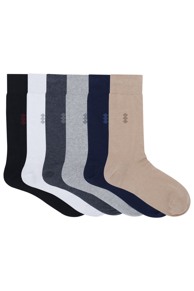 Balenzia Men's Motif Cotton Crew Socks- (Pack of 6 Pairs/1U) (Black,Beige,Navy,D.Grey,L.Grey,White) - Balenzia