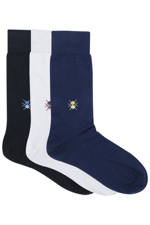 Balenzia Men's Motif Cotton Crew/Calf length Socks- (Pack of 3 Pairs/1U) (Black,White,Navy) - Balenzia