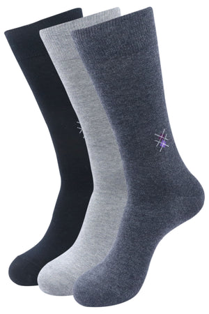 Balenzia Men's Motif Cotton Crew/Calf length Socks- (Pack of 3 Pairs/1U) (Black,L.Grey,D.Grey) - Balenzia