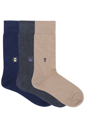 Balenzia Men's Motif Cotton Crew/Calf length Socks- (Pack of 3 Pairs/1U) (Beige,Navy,D.Grey) - Balenzia