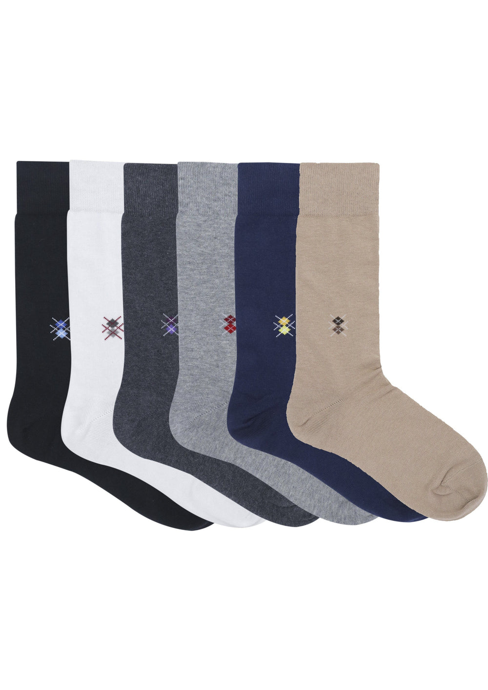 Balenzia Men's Motif Cotton Crew Socks- (Pack of 6 Pairs/1U) (Black,Beige,Navy,D.Grey,L.Grey,White) - Balenzia