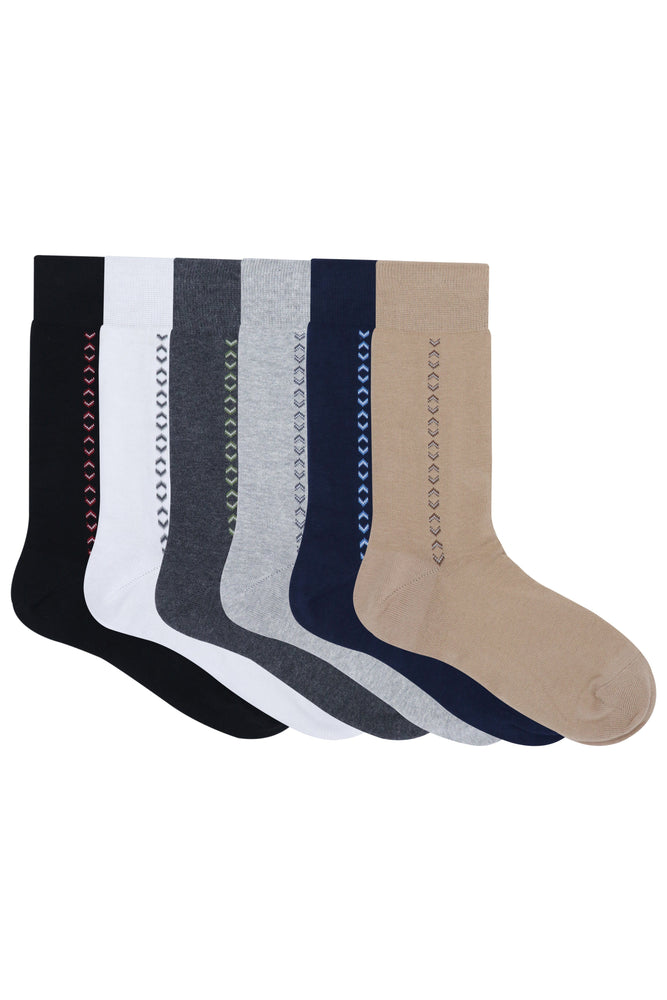 Balenzia Men's Motif Cotton Crew Socks- (Pack of 6 Pairs/1U) (Black,Beige,Navy,D.Grey,L.Grey,White) - Balenzia