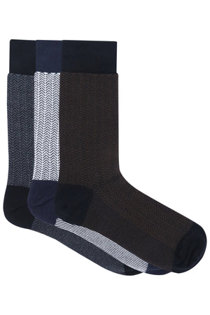 Balenzia Men's Zig Zag Patterned Cotton Crew length socks- (Pack of 3 Pairs/1U) (Black,Navy,Brown) - Balenzia