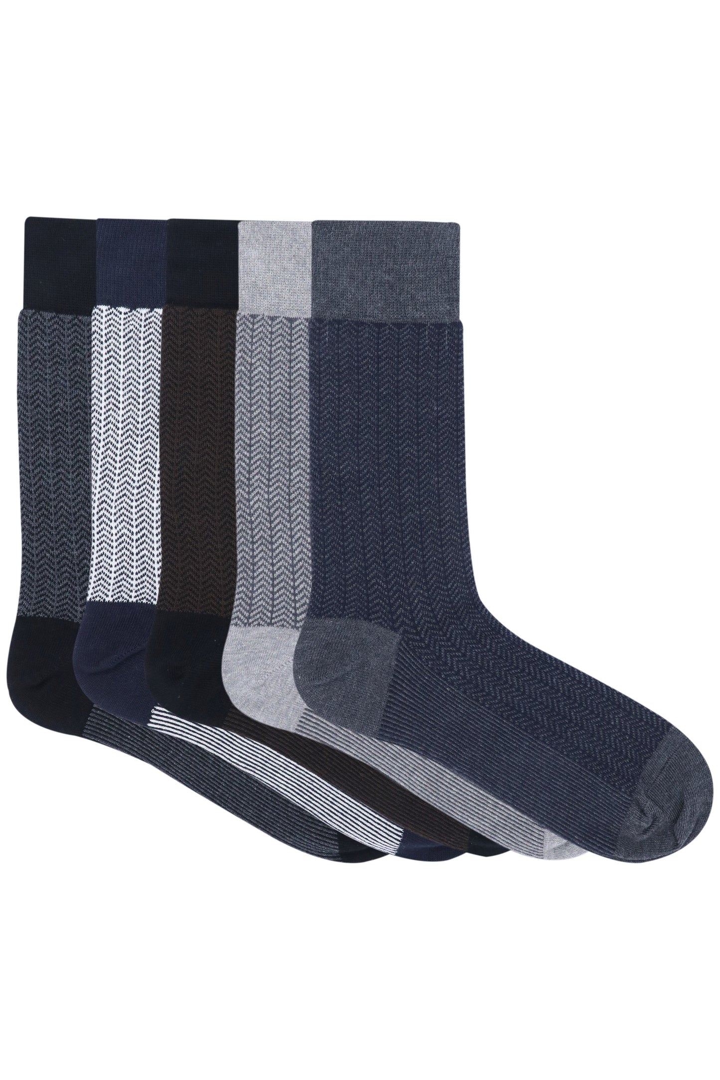 Balenzia Men's Zig Zag Patterned Cotton Crew length socks- (Pack of 5 Pairs/1U) (Black,Navy,Brown,L.Grey,D.Grey) - Balenzia